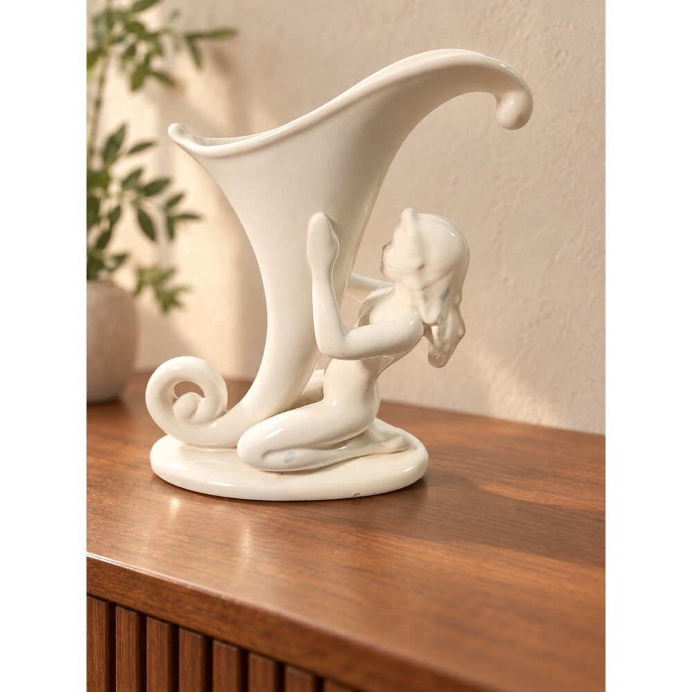 Vintage Mid-Century White Ceramic Woman Holding Cornucopia Vase Figurine 8" Mcm